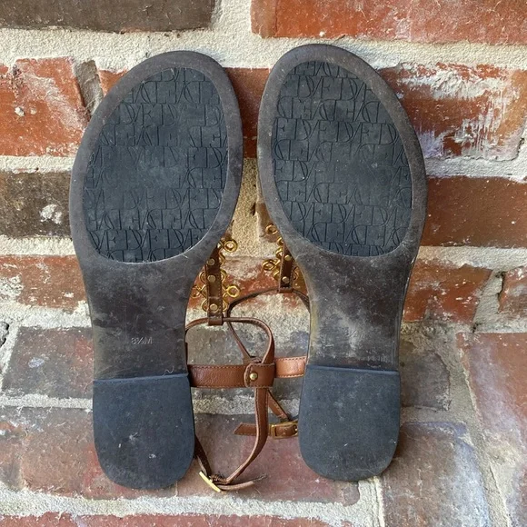 Diane Von Furstenberg Brown Leather Thong Sandals with Gold Accents - Picture 8 of 9